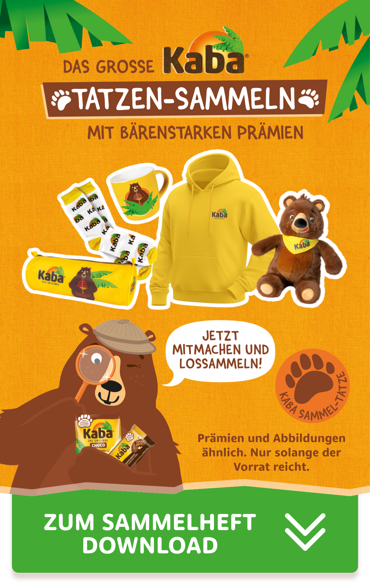 Das große Kaba Tatzen-Sammeln mit Prämien wie Etuis, Socken, Tassen, Hoodies und Kuschelbären im Kaba-Design